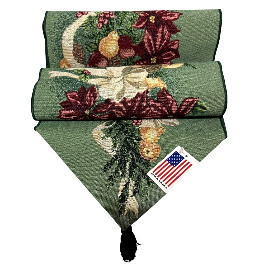 Christmas Tapestry Table Runner MCM Decor Poinsettia Made in USA 13x72 NWT